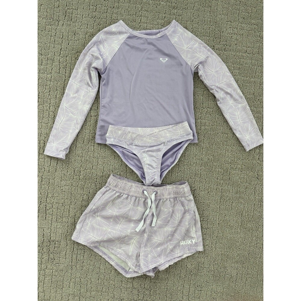 Roxy Girl 3 Pc Swimsuit Rash Guard Set Purple Print XS 5/6 Swim Shorts Bikini